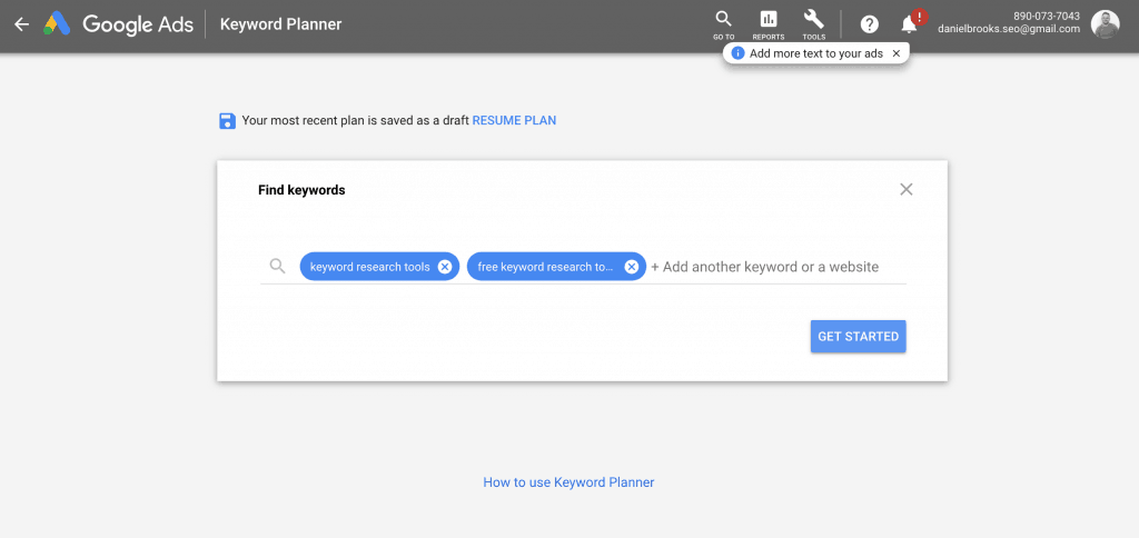 Keyword Planner Example